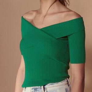 Sandro Paris Off The Shoulder Ribbed Knit Top Green Size 1 Small